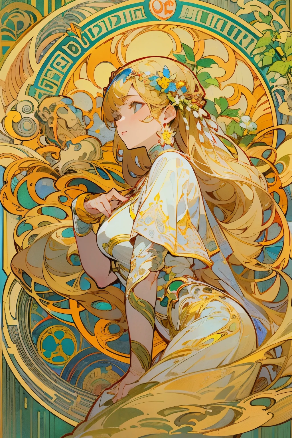 masterpiece, highest quality, (Highly detailed CG Unity 8K wallpaper), (highest quality), (best illustrations), Beautiful woman, Sagittarius、Horse legs with human woman face、blonde hair、muscular body、Have a bow、horoscope、Mysterious, Alphonse Mucha&#39;s Art Nouveau line, Art Nouveau line,　awesome full color,　watercolor painting　
