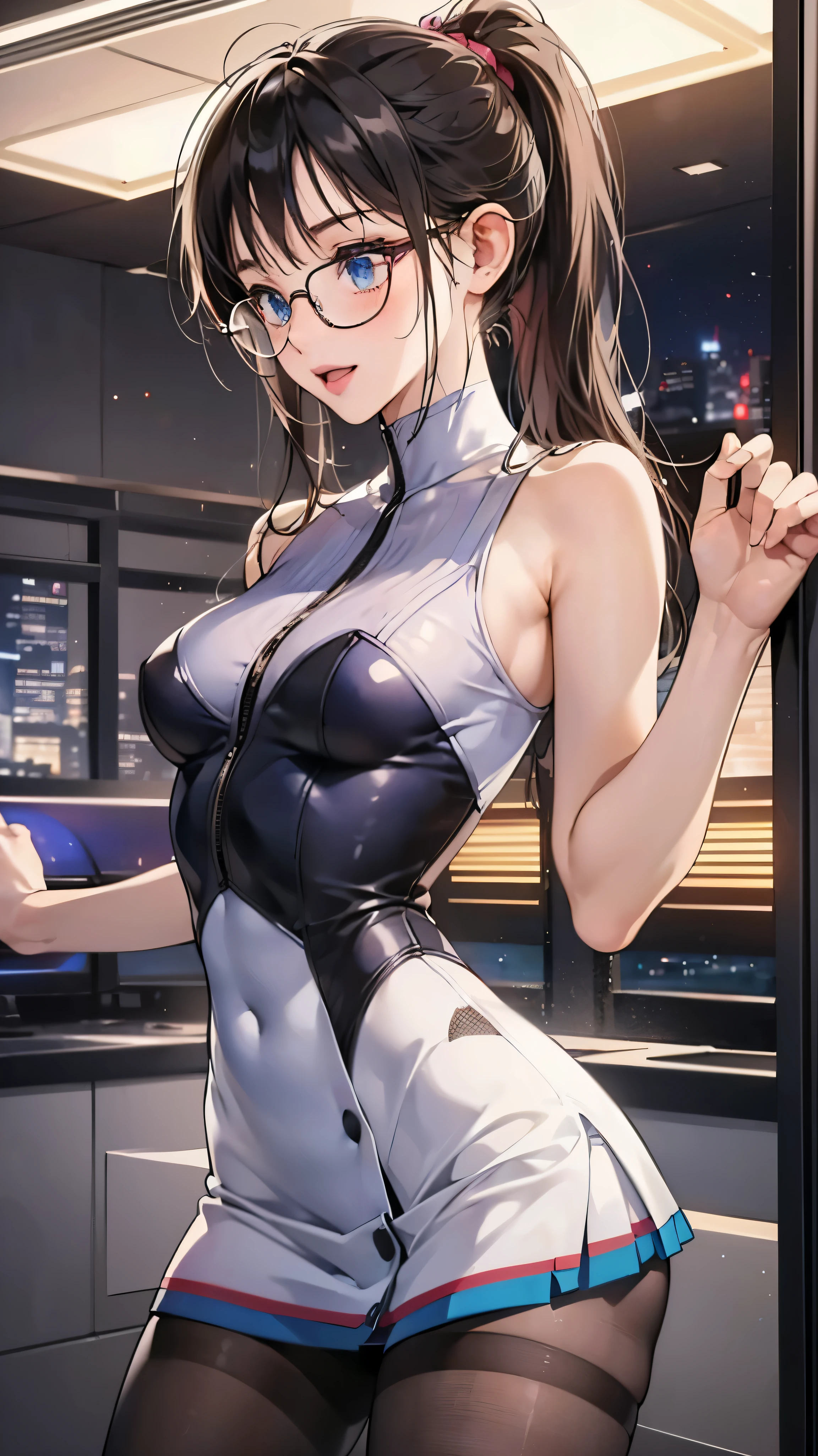 woman,14 years old,,city,night,(((white and blue tight miniskirt bodysuit))),,open mouth smile((See-through))(((Glasses))),((Beautiful long ponytail)),(()),blush、surprised face,((())),(())(((On the way to changing clothes)))(((While undressing)))