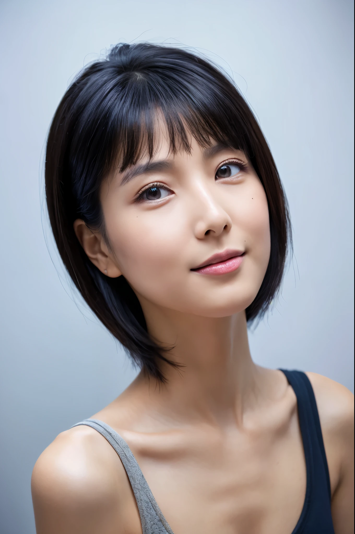 ((Front view)),(Masterpiece:1.3), (8K, Photorealistic, RAW photo, Best quality: 1.4), White background ,Be happy, A Skinny Japanese lady, Show your teeth,(1girl), Beautiful face, (Realistic face), (Black hair, Short hair:1.3), Beautiful hairstyle, Realistic eyes, Beautiful detailed eyes, (Realistic skin), Beautiful skin, (blue underware, blue bra), Attractive, Ultra photo realsisim, Highly detailed, Golden ratio