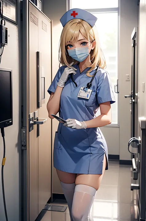 1 female, alone, nurse, nurse cap, Whiteware, ((white legwear, zettai ryouiki)), white gloves, blonde hair, blue eyes, ((White s...