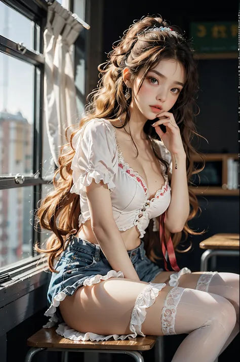 dress,white thighhighs, twin braids, ((whole body)), yushuxin,1girl,solo, Shoot from a random angle, 22-year-old Japanese model, Slim, thin waist, curls, blond hair, warm light, Warm toned slender legs,  Sexy beautiful legs, inside the room, Sit at a desk ...