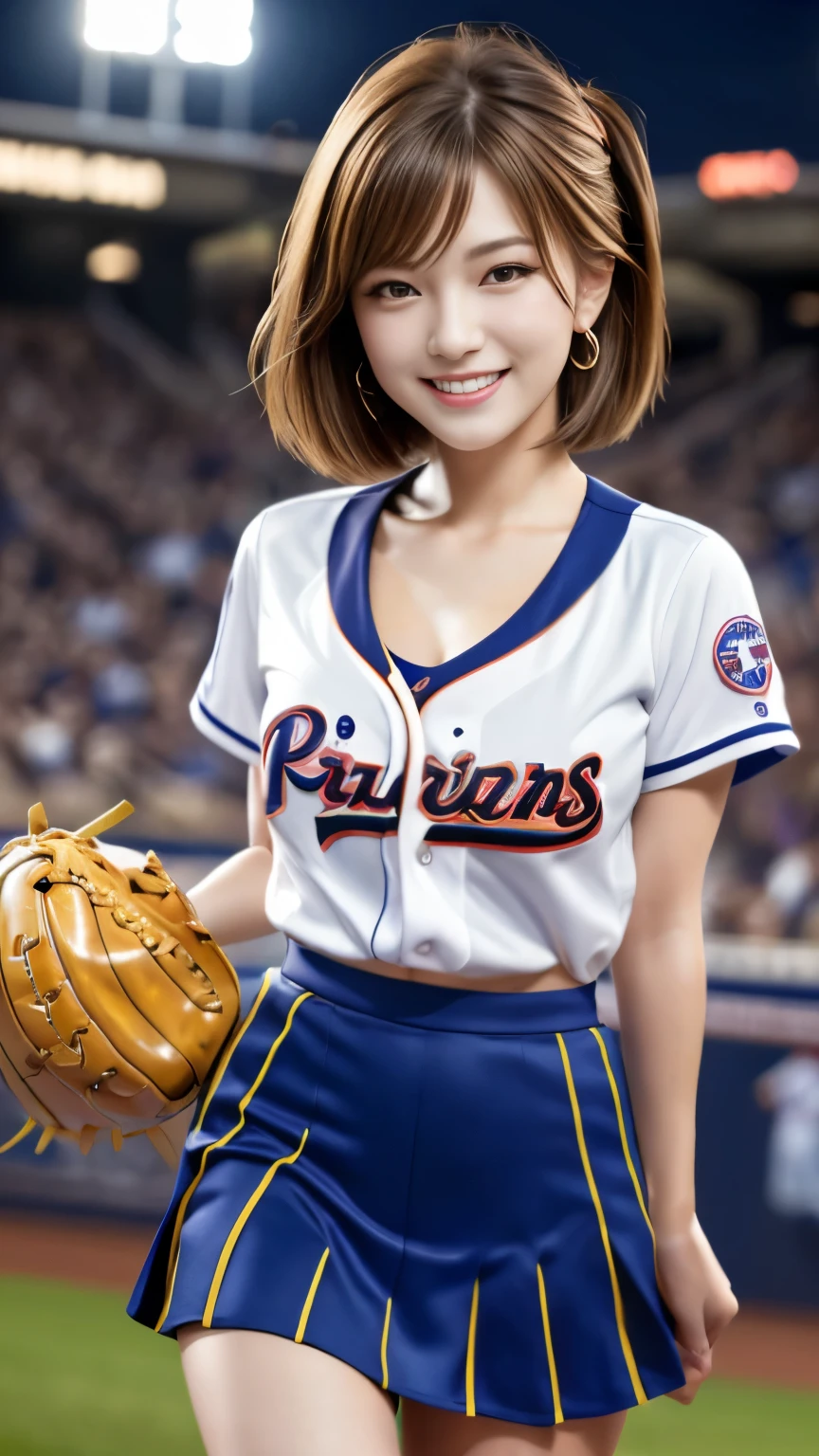 (best quality,4k,8k,highres,masterpiece:1.2),(ultra-detailed),(realistic,photorealistic,photo-realistic:1.37),portraits,landscape,anime,Japan,1,girl with large round breasts,cleavage,cheerleader baseball team cheerleader,skirt,beautiful detailed eyes,beautifully detailed,double eyelids,eyeshadow,slender eyes,perfect eye makeup,alluring smile,beautiful,slender,straight blond hair,bob cut,ponytail,variety of hairstyles,ear Nipple Ring,night baseball stadium stands,night