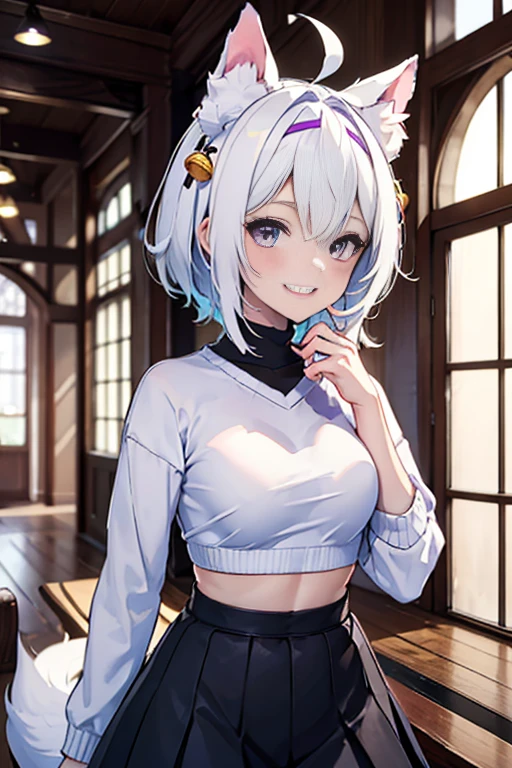 ((masterpiece, best quality, absurdres)), colorful, indoors, day, 1girl, solo, ((filian)), purple eyes, white hair, short hair, ahoge, animal ears, hair bell, hairband, tail, looking at viewer, upper body, grin, small breasts, wide hips, slim legs, ((purple sweater)), ((black skirt)), ((sfw))