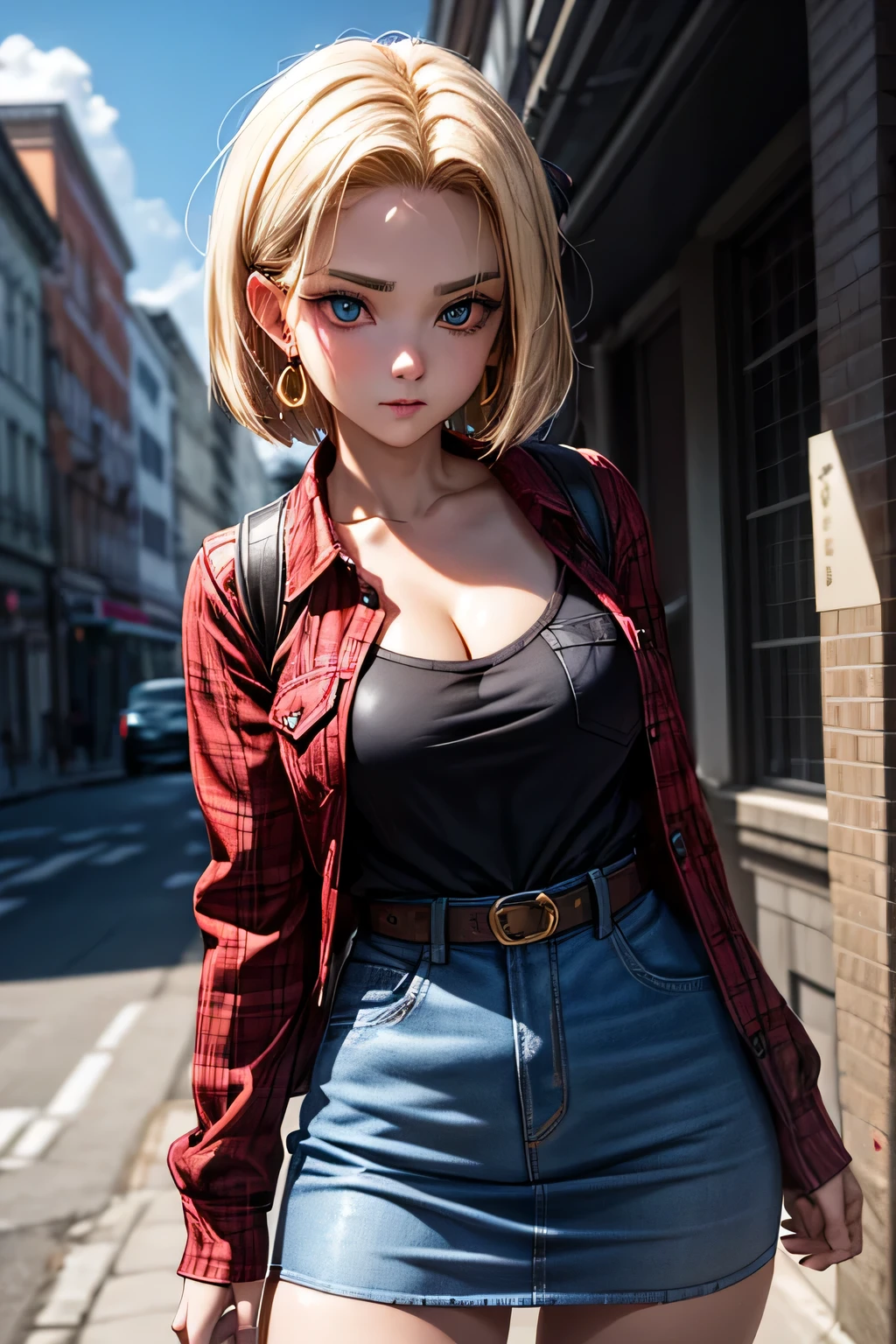 android 18, android 18, blondes Haar, blaue Augen, Wimper, hoop Ohrringe, kurzes Haar, Ohrringe, BRECHEN belt, schwarze Beinbekleidung, black Hemd, breast Tasche, Dekollete, Schlüsselbein, Denim, Denim Rock, high-waist Rock, Schmuck, lange Ärmel, Tasche, Hemd, Hemd tucked in, Rock, gestreift, gestreift sleeves, Weste,, BRECHEN outdoors, Stadt, null, Wolke, sun, BRECHEN looking at viewer, (Cowboy-Schuss:1.5), BRECHEN (Meisterwerk:1.2), höchste Qualität, hohe Auflösung, Einheit 8k Hintergrundbild, (Form:0.8), (schöne und detaillierte Augen:1.6), Sehr detailliertes Gesicht, Perfekte Beleuchtung, Sehr detaillierte CG, (perfekte Hände, perfekte Anatomie)