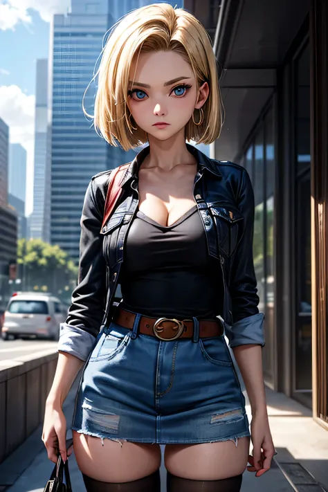 Android 18 posing cutely, she's wearing her classic blue jean skirt and ...