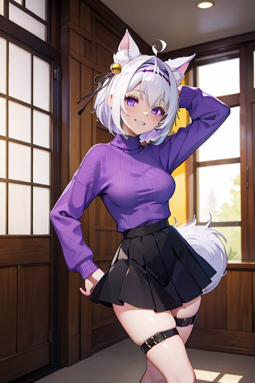 ((masterpiece, best quality, absurdres)), colorful, indoors, day, 1girl, solo, ((filian)), purple eyes, white hair, short hair, ahoge, animal ears, hair bell, hairband, tail, looking at viewer, upper body, grin, small breasts, wide hips, slim legs, ((purple sweater)), ((black skirt)), ((sfw))