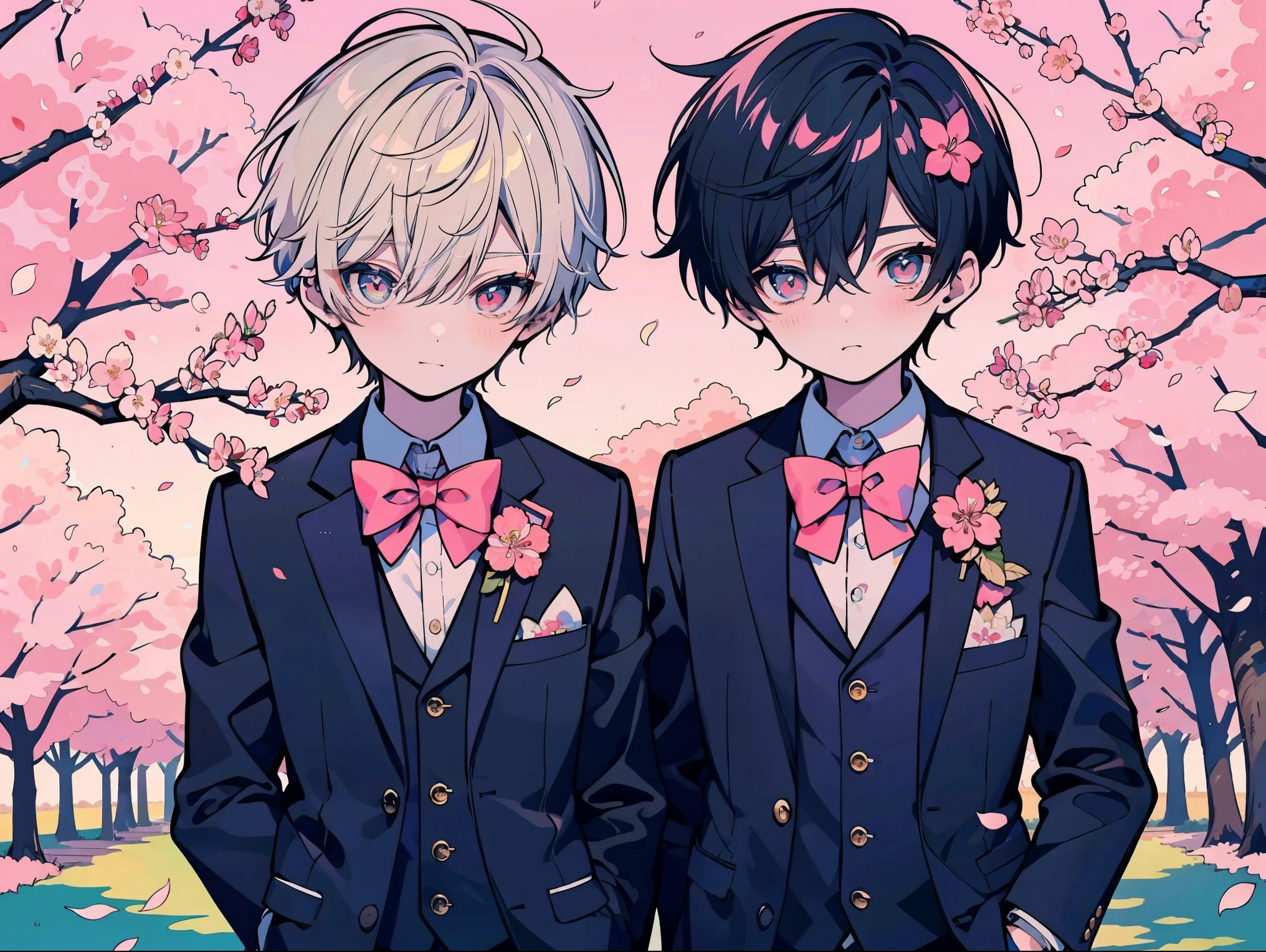 Anime boy and girl in suits standing in front of a cherry tree - SeaArt AI