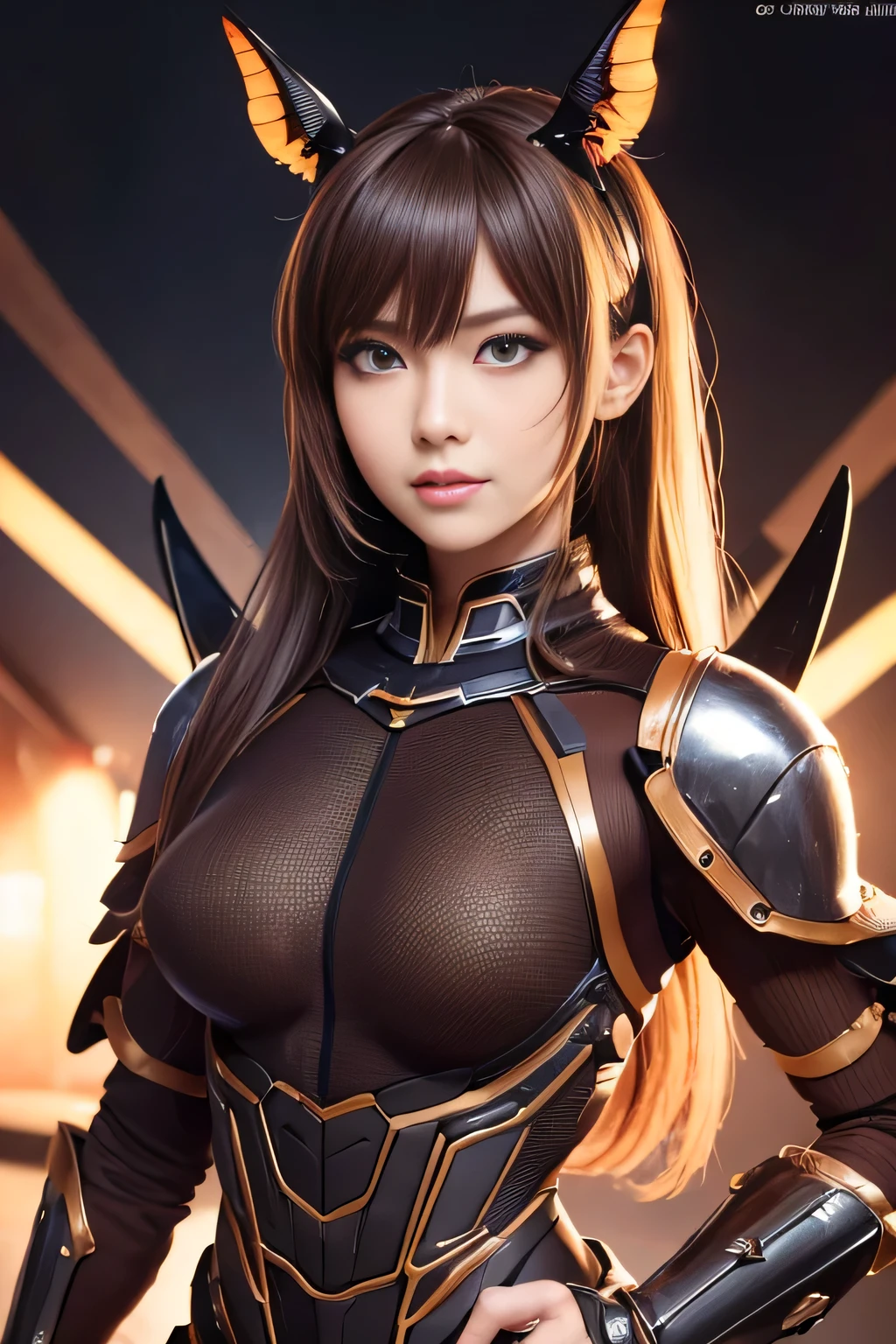 (High resolution,masterpiece,highest quality,Very detailed CG, anime, official art:1.4), realistic, photograph, amazing detail, all complicated, luster and luster,great many layers, 8k wallpaper, 3D, sketch, cute, figure,( alone:1.4), perfect female proportions,villain&#39;s daughter, (Fusion of dark brown cockroach and lady:1.4), (brown cockroach form lady:1.2), (brown cockroach woman:1.2), (Fusion:1.2), (alone:1.4), (evil smile:1.2), muscular, abs, (Cockroach brown exoskeleton bio insect suit:1.4), (Cockroach brown exoskeleton bio insect armor:1.2), (brown transparent cockroach feathers:1.4), (brown cockroach antenna:1.3),