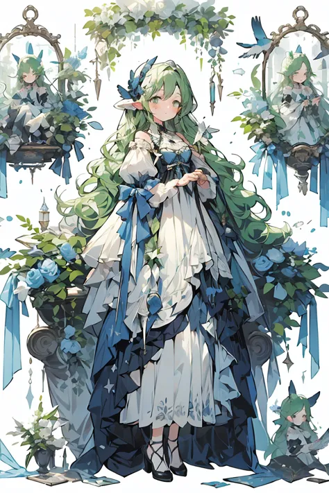 (masterpiece:1.2), best quality,pixiv,fairy tale girl, 1 girl, green hair, green eyes, green dress, lolita fashion