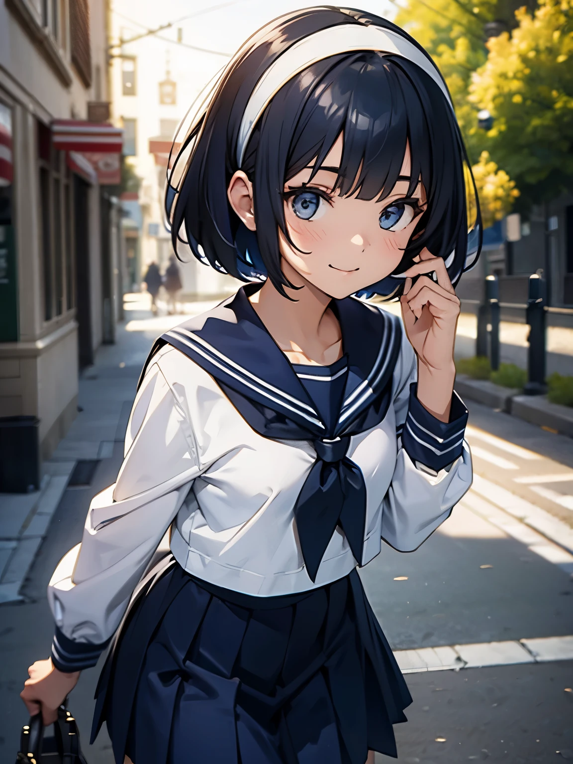 (Highly detailed CG unity 8k), (highest quality)，(very detailed)，(ultra high resolution), (fine eyes), (detailed facial features), (Detailed features of clothing), HDR, 8K resolution, navy blue sailor uniform, High school girl in sailor suit, Dark blue skirt, Anime 2D rendering, smile, black hair, (((navy blue sailor uniform))), black stockings, (((school scenery))), (((small face))), bob cut, ((White headband)), shy pose,