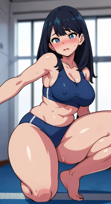 (perfect body),highest quality,16k、Masseter muscle part、((NSFW))、(((blush)))、((((embarrassing))))、Are crying、Tree Fe○lumes、parted bangs、(blue eyes),((dark blue hair)),(Sweat)、(big ass)、normal breasts、((thick thighs))、Grey Sports Bra、(Gray sports panties)、(...