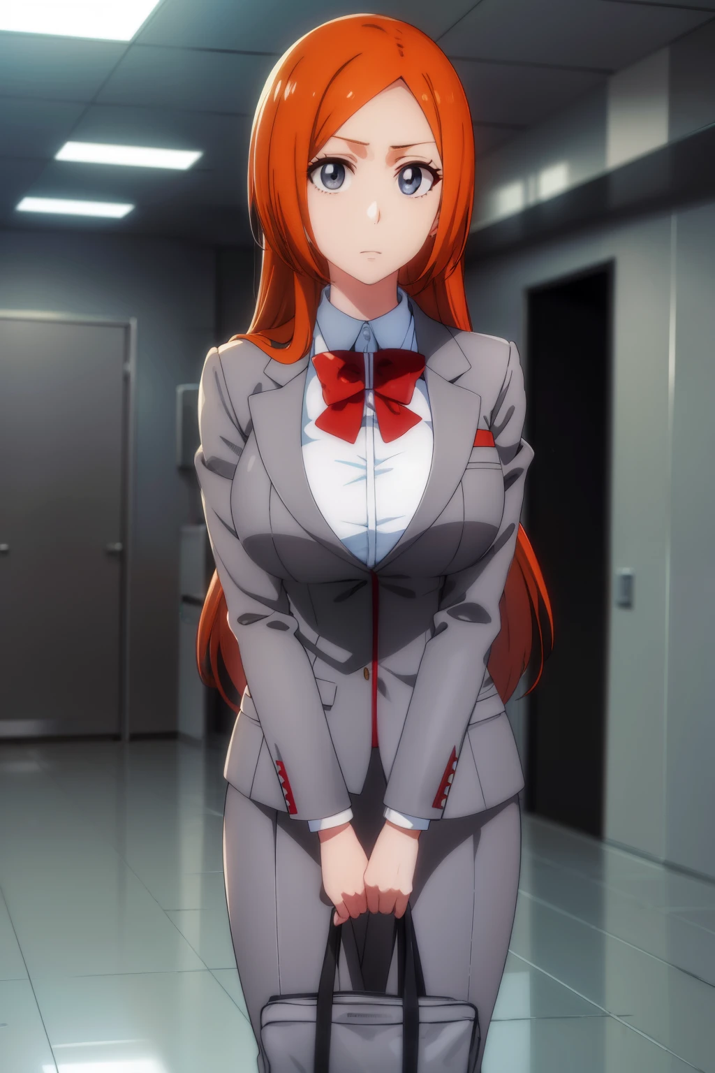 inoueorihime, inoue orihime, long hair, orange hair, (grey eyes:1.5),
BREAK skirt, bow, school uniform, jacket, blazer, grey jacket,
BREAK looking at viewer, full body,
BREAK indoors, classroom,
BREAK (masterpiece:1.2), best quality, high resolution, unity 8k wallpaper, (illustration:0.8), (beautiful detailed eyes:1.6), extremely detailed face, perfect lighting, extremely detailed CG, (perfect hands, perfect anatomy),