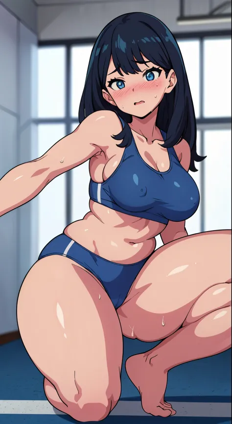 (perfect body),highest quality,16k、Masseter muscle part、((NSFW))、(((blush)))、((((embarrassing))))、Tree Fe○lumes、parted bangs、(blue eyes),((dark blue hair)),(Sweat)、(big ass)、normal breasts、((thick thighs))、Grey Sports Bra、(Gray sports panties)、(training ro...