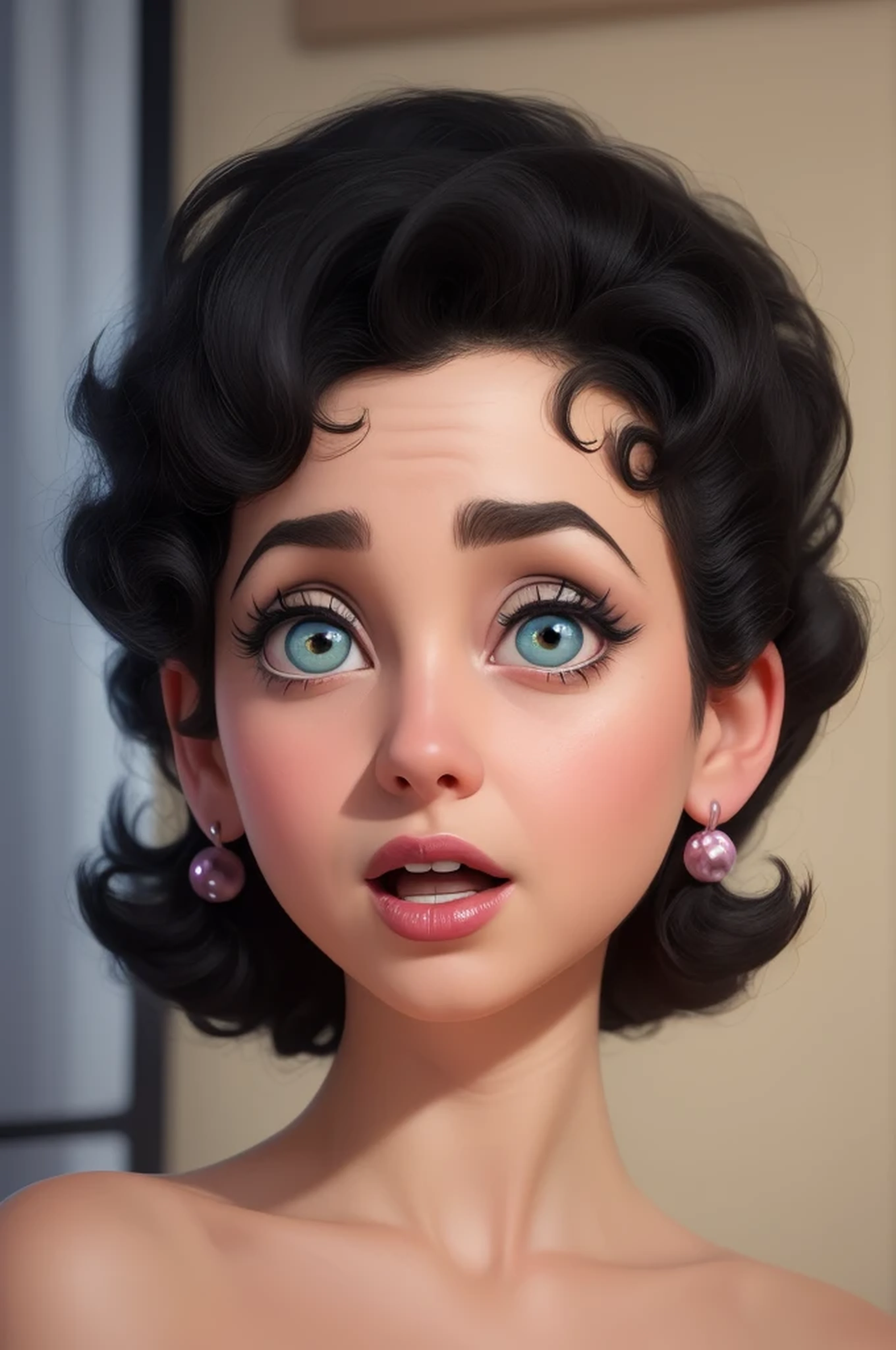 (Betty Boop),((retrato centrado: 1 garota))expressão tímida, estilo pixar, Sombrio, Negativo, torcido, esquisito, (olhos grandes, olhos cinzas, super detalhado), (((nu))), Pero Tim Burton, ((realista, super-realista, realismo, Detalhes realistas)), fundo de estúdio de olhos nítidos e focados