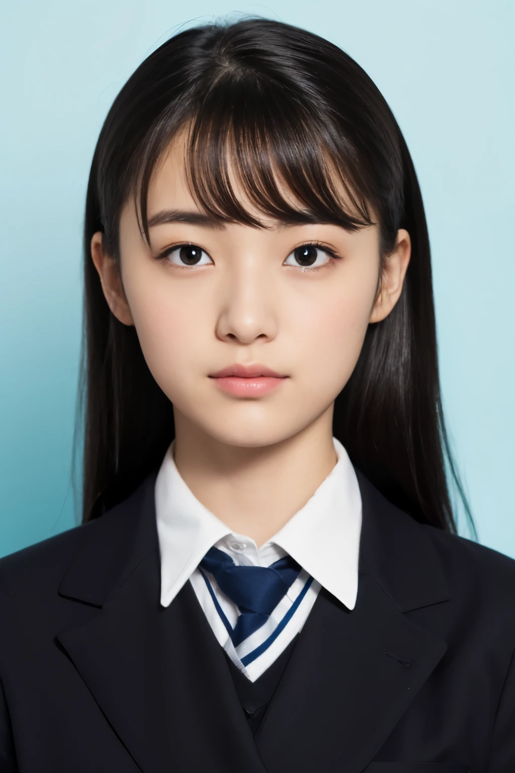 ((ID photo))、(Japanese high school uniform、black hair、ponytail、real face)、cute japanese woman、17 years old、high school girl、young girl、light blue background、no makeup