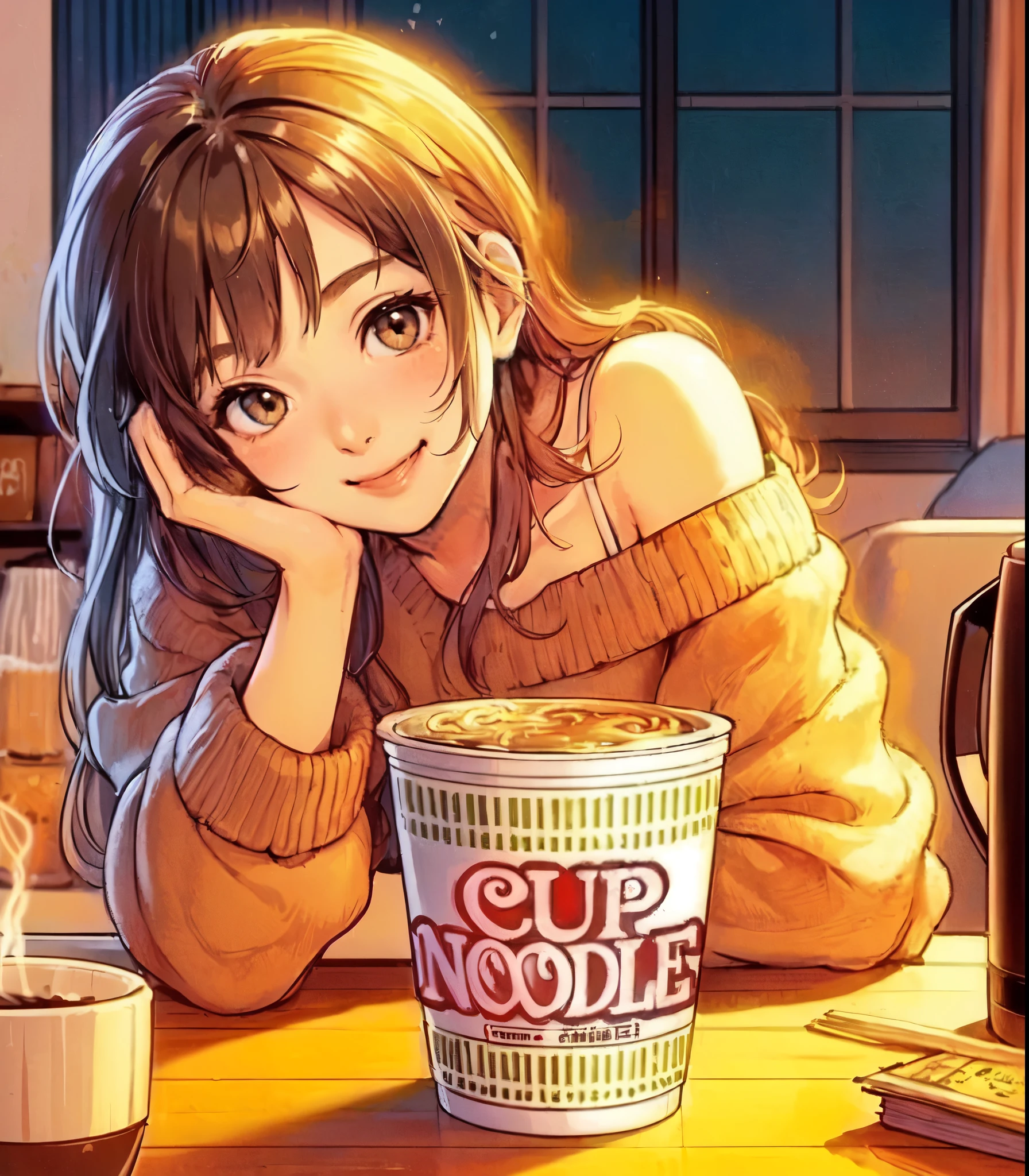 1lady sitting, (leaning on table with elbow:1.2) (gazing at cup noodle), (stylish outfit) knit, mature female, /(dark brown hair/) bangs, (light smile) blush, (masterpiece best quality:1.2) delicate illustration ultra-detailed, medium breasts BREAK (unopened cup noodle container:1.2) on table, kettle BREAK (typical apartment) indoors, detailed background