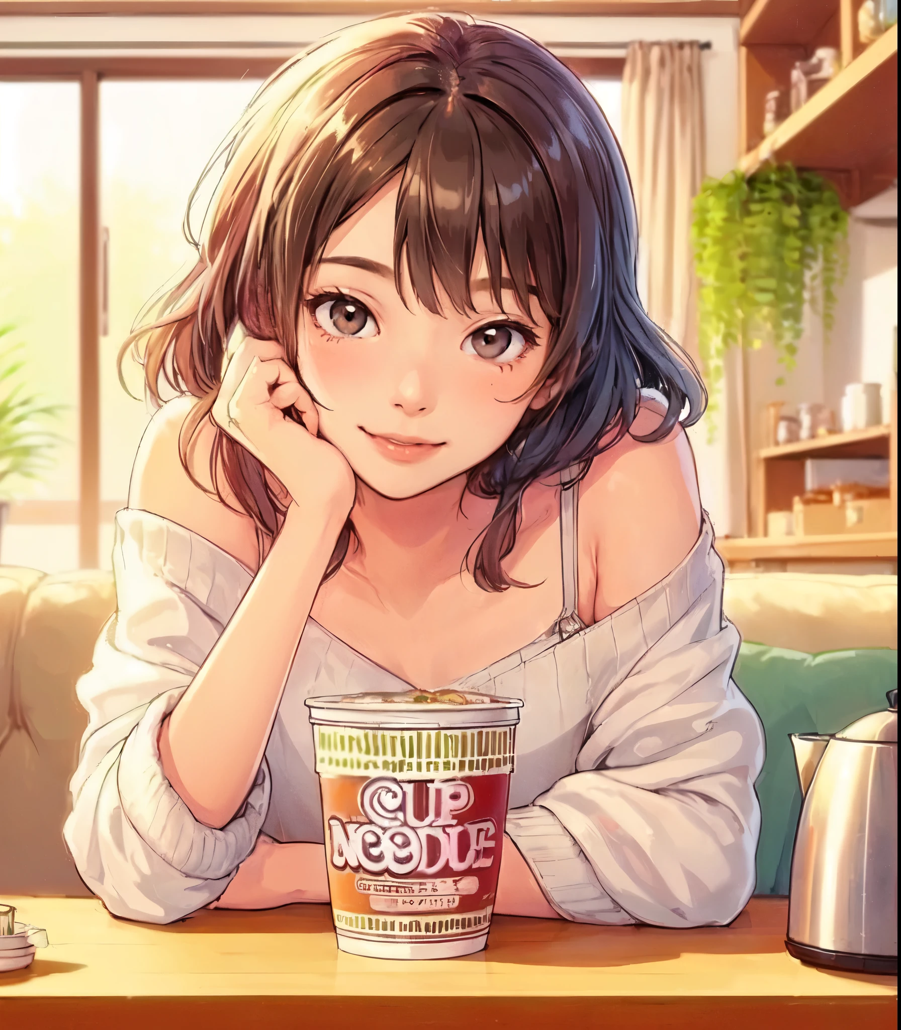 1lady sitting, (leaning on table with elbow:1.2) (gazing at cup noodle), (stylish outfit) knit, mature female, /(dark brown hair/) bangs, (light smile) blush, (masterpiece best quality:1.2) delicate illustration ultra-detailed, medium breasts BREAK (unopened cup noodle container:1.2) on table, kettle BREAK (typical apartment) indoors, detailed background