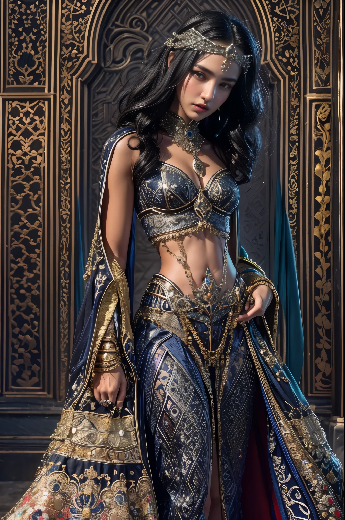 portrait, One exotic teenage Saudi Arabian girl, who has the most beautiful face in the world,  (18 years old:1.3), stands in the grand hall of the Arabian palace, her hand casually resting on her slender waist. Her intricately designed gauntlets glint in the dim light, adorned with intricate and beautiful patterns. The garment covering her body is a complex and colorful biomechanical bodysuit, a testament to the advanced technology of her kingdom. Her slim and toned physique is accented by the fit of the suit, her moist skin appearing fresh and high freshness. Dark, thick eyebrows frame her beautiful, big purple eyes, which sparkle with an ecstatic expression. (jet black hair:1.5) Her ultra-detailed eyes, intricate artwork, ultra realistic realism, high resolution, High freshness, drawing faithfully, official art, Unity 8K Wall paper, ultra detailed artistic photography, grabbing on her breasts by herself, (the most erotic photo in the world:1.4), ecstatic expression, (Climax expression during intercourse:1.5)