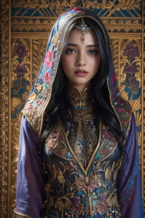 portrait, one exotic teenage saudi arabian girl, who has the most beautiful face in the world,  (18 years old:1.3), stands in th...