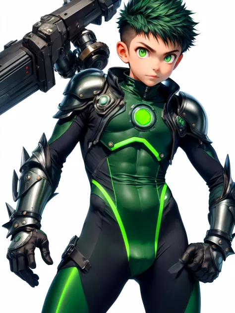 cowboy shot, ((no hat:1.3)), ultra-detailed , master piece , best quality , (no background:1.3) , no gun , Clear border with the background、1 boy, 13 years old、anime style、taller than life、big dark green eyes、silver short spike hair, Crew Cut Hair, (Cyberw...