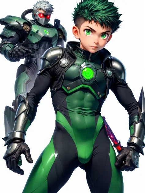 cowboy shot, ((no hat:1.3)), ultra-detailed , master piece , best quality , Clear border with the background、1 boy, 13 years old、anime style、taller than life、big dark green eyes、silver short spike hair, Crew Cut Hair, (Cyberworld:1.3) , (Has a dark green l...