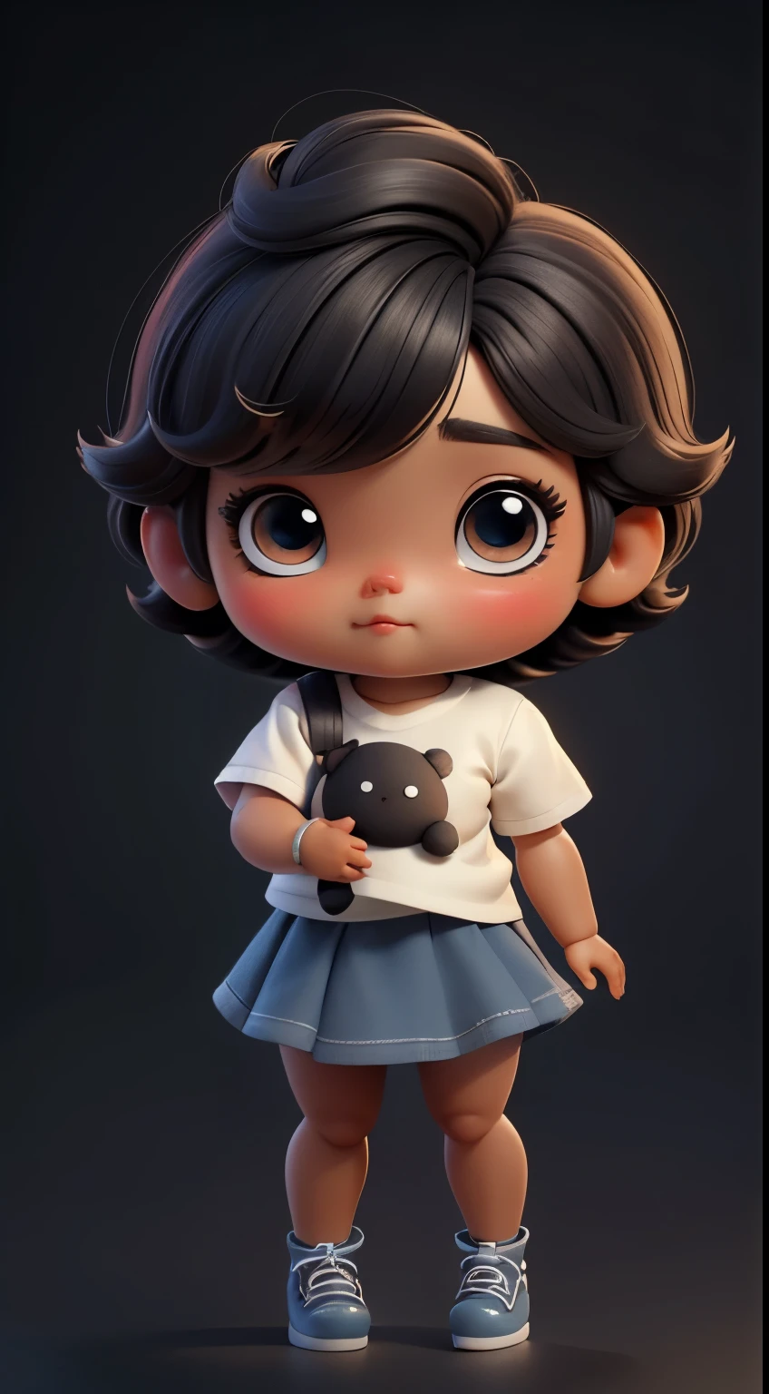 Create a series of cute and cuddly baby chibi style dolls，Com o tema bonito Lolita, Each one has a lot of detail and resolution. All short black hair with brown skin and a full body with a white t-shirt and blue skirt