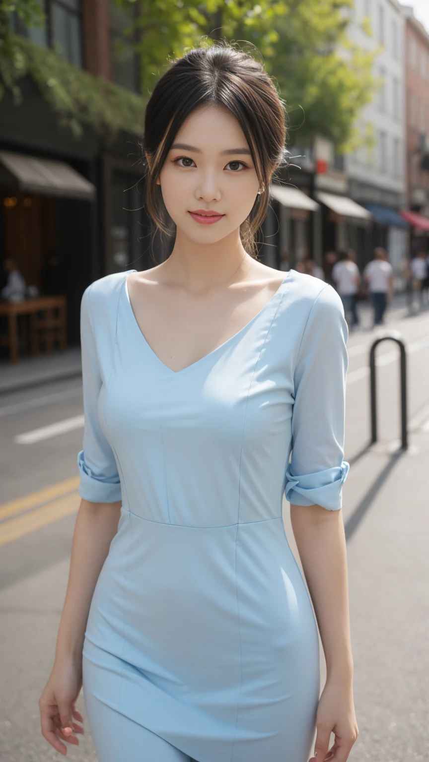((Best Quality, 8K, Masterpiece: 1.3)), Fat Body Beauty: 1.4, 30 years old, mature, Bust fullness: 1.6, Thigh Volume: 1.6, Highly detailed face and skin texture, Delicate eyes, Double eyelids, Chubby face, thin lips, smile, fair skin, (dress: 1.6), Standing posture, city street background