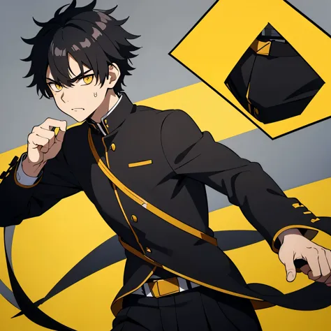 1 boy, black hair, yellow eyes, black uniform, calm face, short hair, handsome, 15 years old boy, angry, mad