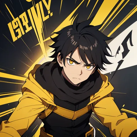 1 boy, black hair, yellow eyes, black uniform, calm face, short hair, handsome, 15 years old boy, angry, mad