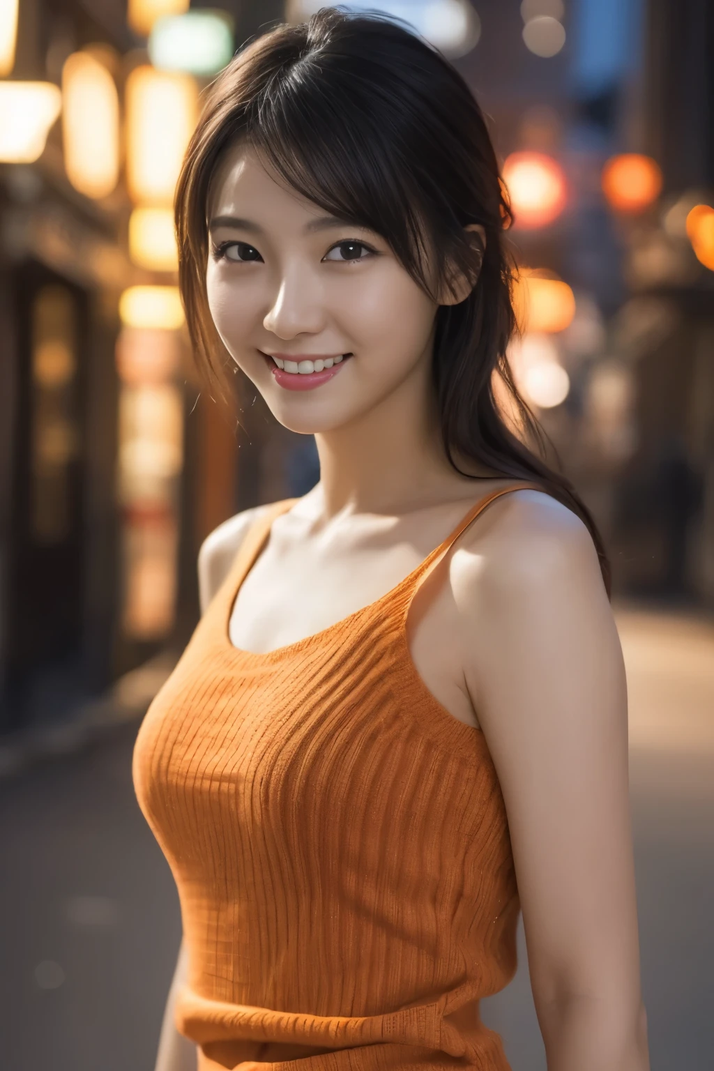 1 girl, (wearing an orange knit dress:1.2), (RAW photo, highest quality), (realistic, Photoreal:1.4), table top, very delicate and beautiful, very detailed, 2k wallpaper, wonderful, finely, very detailed CG Unity 8K 壁紙, Super detailed, High resolution, soft light, beautiful detailed girl, very detailed目と顔, beautifully detailed nose, beautiful and detailed eyes, cinematic lighting, city light at night, perfect anatomy, slender body, smile, Camera-wide perspective, looking forward to it