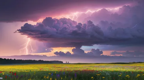 um campo com flores silvestres coloridas, overcast sky with lightning, (super hd resolution, melhor qualidade, 4k, 8k, high reso...