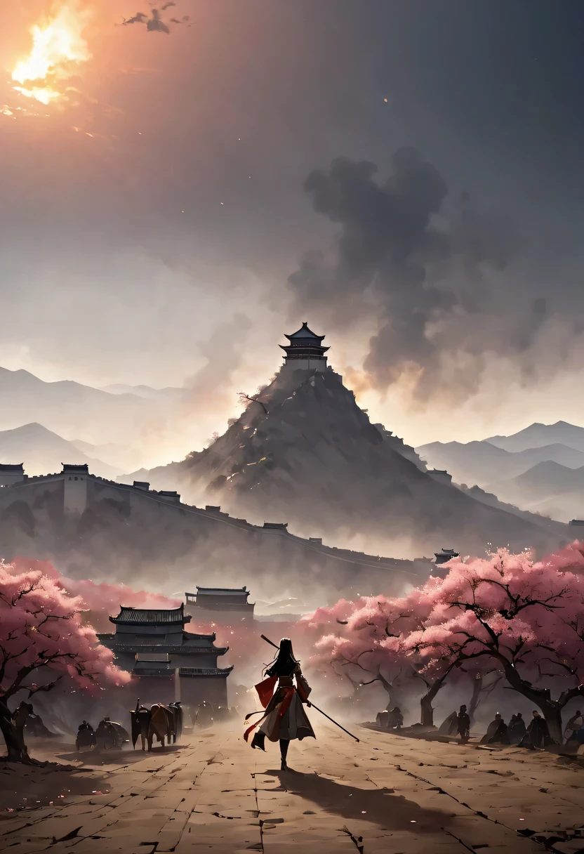 (Ten Miles of Enchanting Peach Blossoms:1.2)，The back of a woman with long hair reaching her waist stands under the peach blossom tree，firm eyes， Heqiang，She looked at the Great Wall in the distance, filled with smoke.，The flames burst into the sky，China，Ancient，ink，