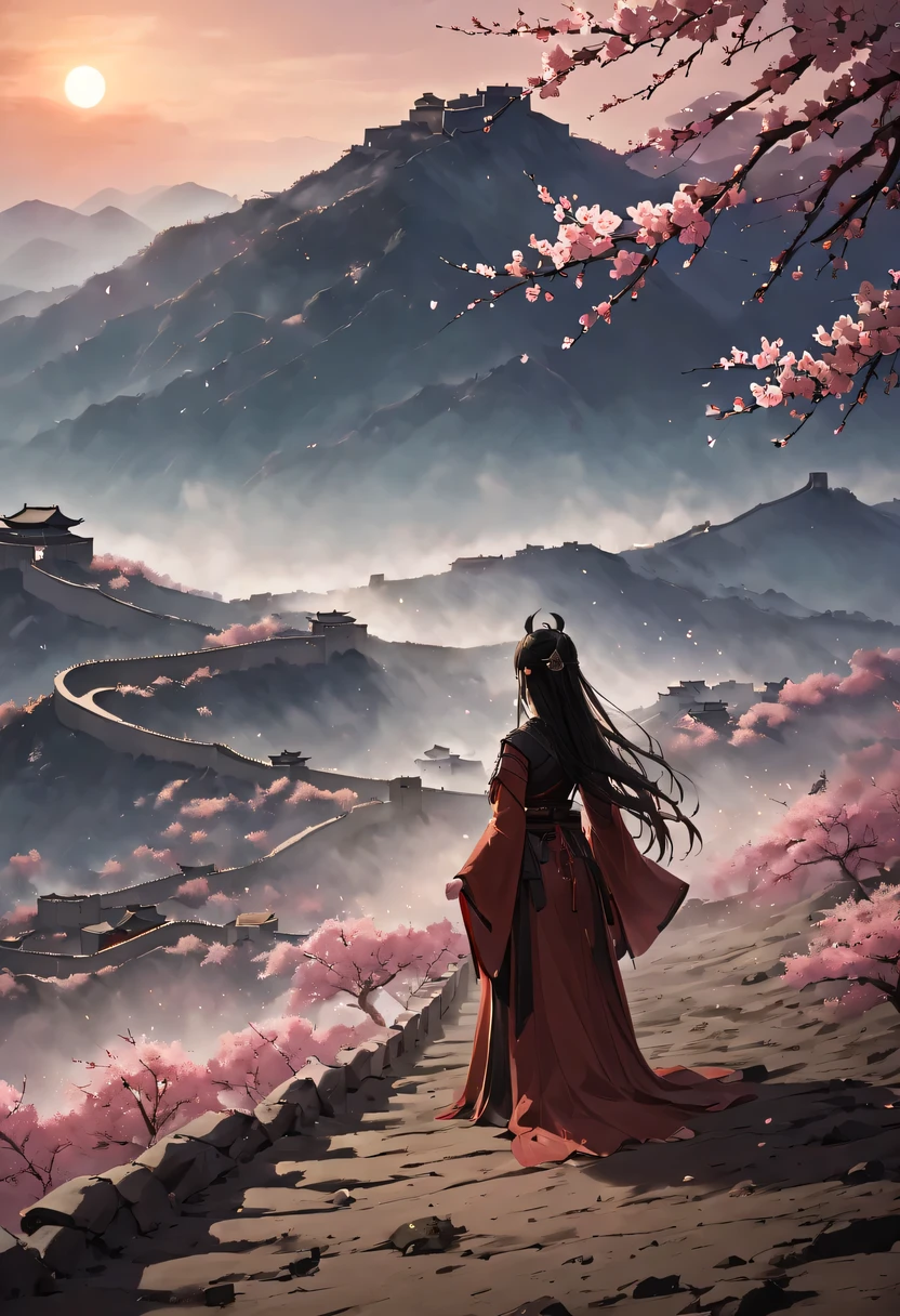 (Ten Miles of Enchanting Peach Blossoms:1.2)，The back of a woman with long hair reaching her waist stands under the peach blossom tree，firm eyes， Heqiang，She looked at the Great Wall in the distance, filled with smoke.，The flames burst into the sky，China，Ancient，ink，