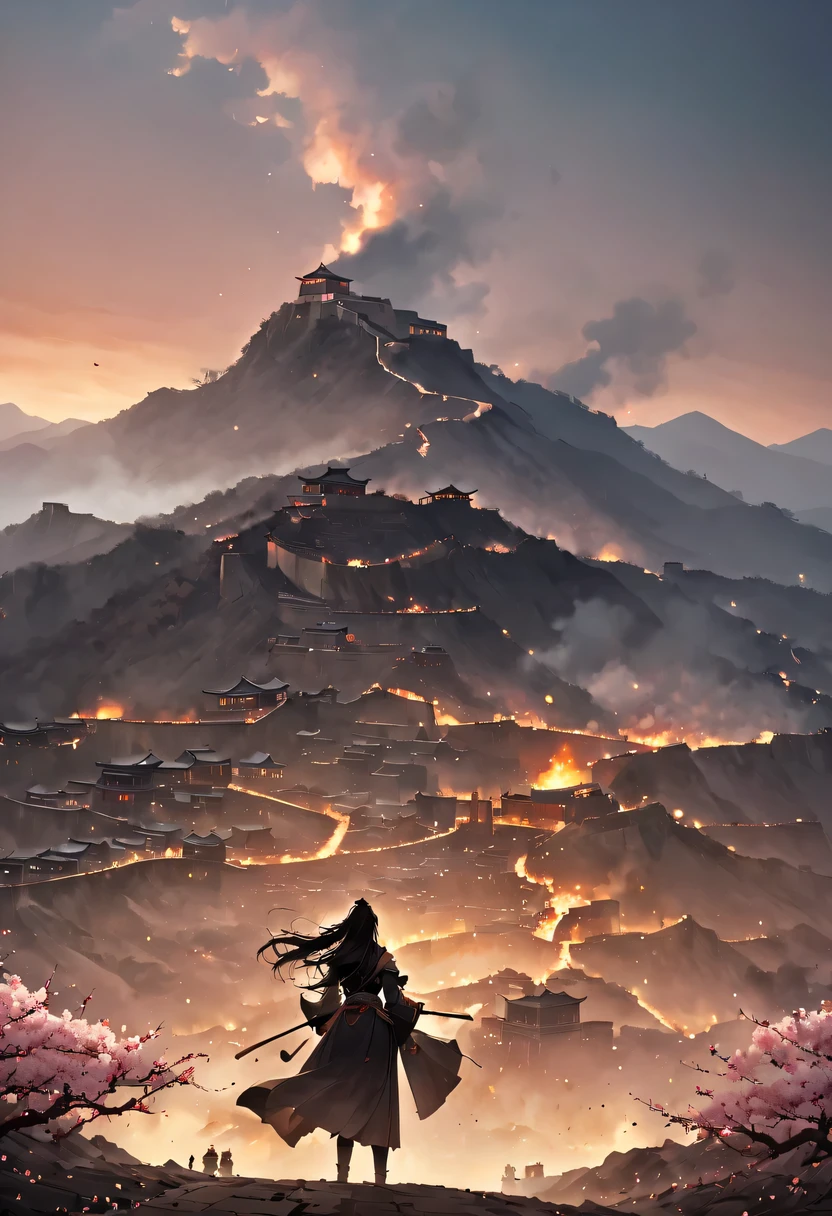 (Ten Miles of Enchanting Peach Blossoms:1.2)，The back of a woman with long hair reaching her waist stands under the peach blossom tree，firm eyes， Heqiang，She looked at the Great Wall in the distance, filled with smoke.，The flames burst into the sky，China，Ancient，ink，