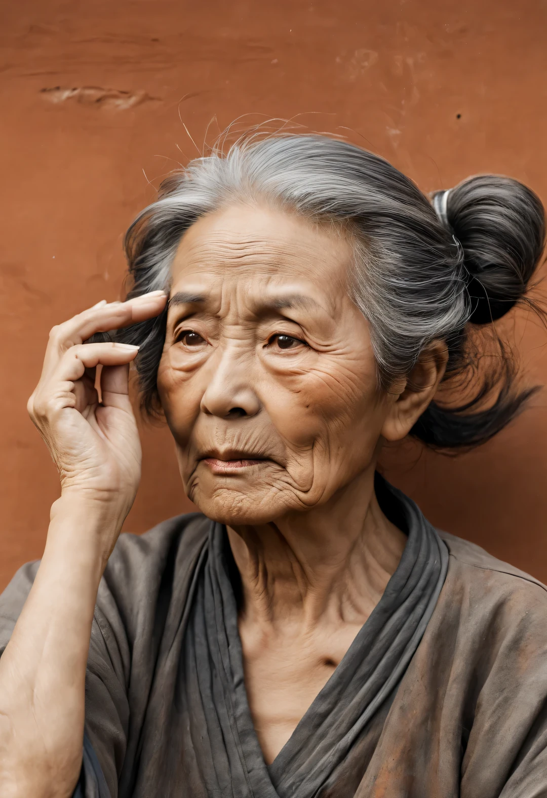 Com guerreiros de terracota e estilo de arte de cavalos, retrato，Uma velha senhora chinesa，Um pouco como o velho ator chinês Wang Yumei，rosto enrugado，pele escura，As expressões e olhos de espera expectante，Cabelo grisalho bagunçado curto na altura das orelhas balançando ao vento，Levante uma mão para cobrir a testa，Fique de olho，（A ação dinâmica bloqueia a luz solar：1.2）