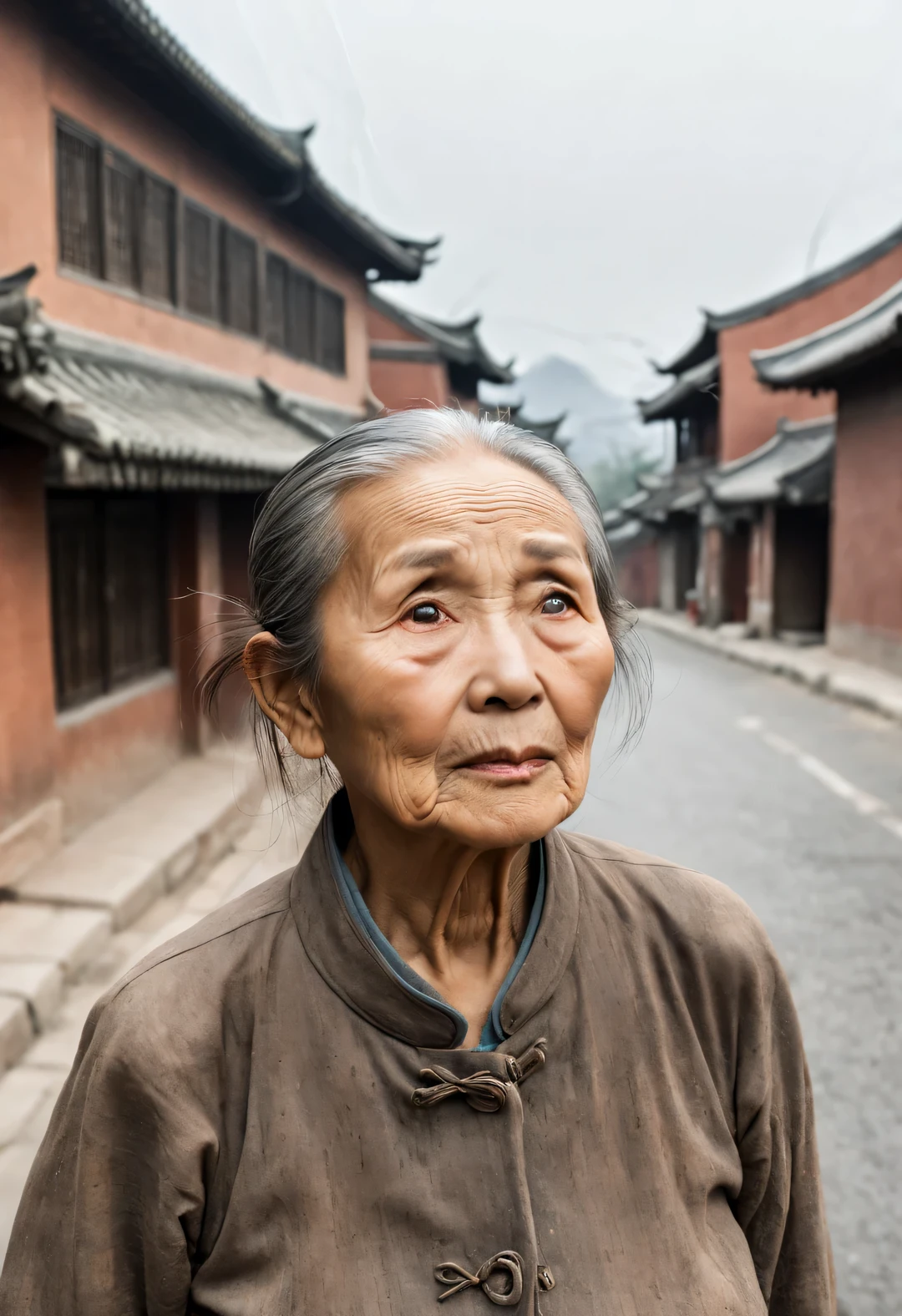 With terracotta warriors and horses art style, portrait，On the main road in the village，An old Chinese woman anxiously waits for her child to come home for the holidays。A bit like the old Chinese actor Wang Yumei，Wrinkled face，dark skin，The expressions and eyes of expectant waiting，Gray messy short ear-length hair blowing in the wind，Raise one hand to cover your forehead，look out，（Dynamic action blocks sunlight：1.2）