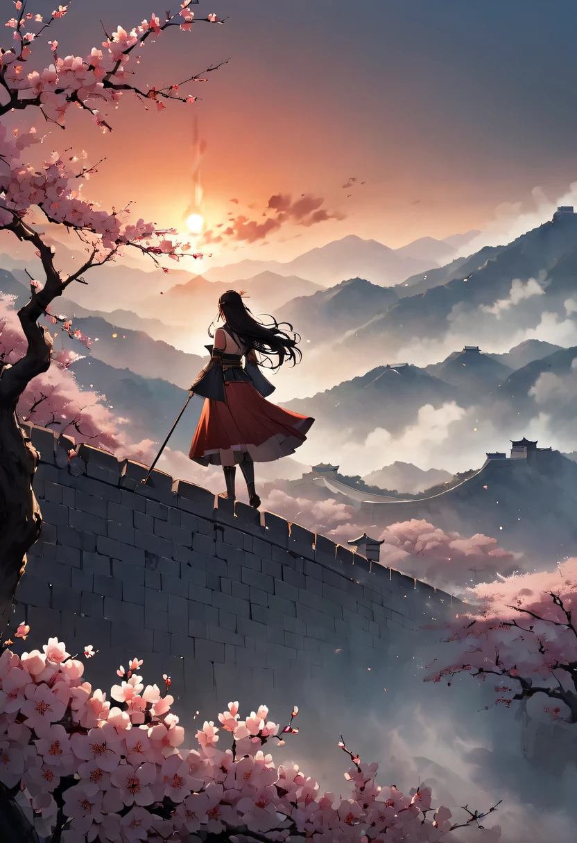 (Ten Miles of Enchanting Peach Blossoms:1.2)，The back of a woman with long hair reaching her waist stands under the peach blossom tree，firm eyes， Heqiang，She looked at the Great Wall in the distance, filled with smoke.，The flames burst into the sky，China，Ancient，ink，