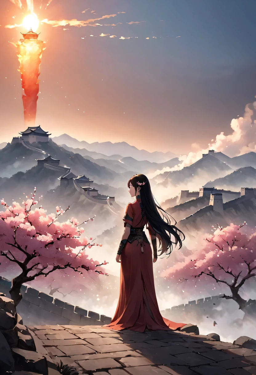 (Ten Miles of Enchanting Peach Blossoms:1.2)，The back of a woman with long hair reaching her waist stands under the peach blossom tree，firm eyes， Heqiang，She looked at the Great Wall in the distance, filled with smoke.，The flames burst into the sky，China，Ancient，ink，