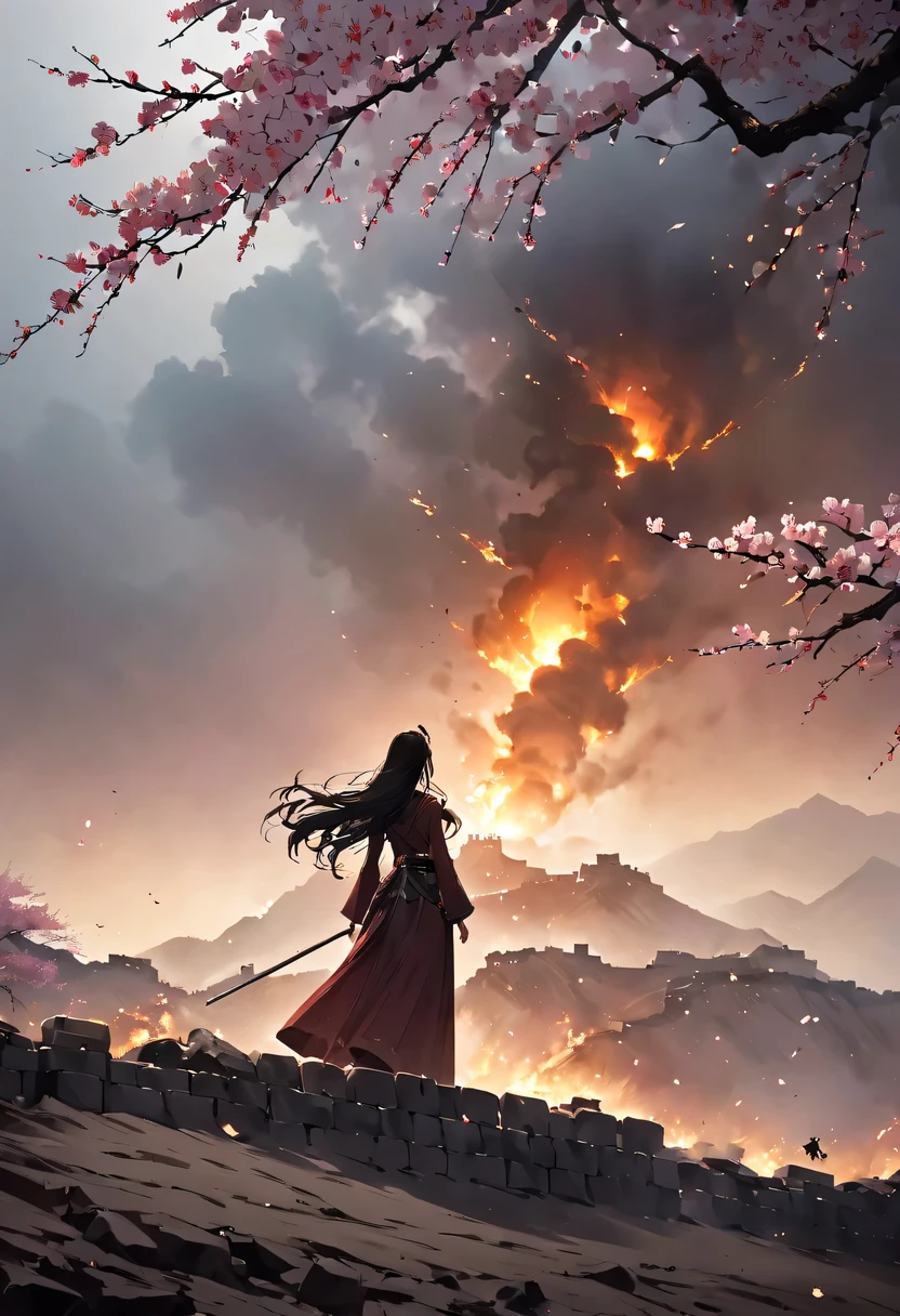 (Ten Miles of Enchanting Peach Blossoms:1.2)，The back of a woman with long hair reaching her waist stands under the peach blossom tree，firm eyes， Heqiang，She looked at the Great Wall in the distance, filled with smoke.，flint，blood stained sand，Iron can travel both vertically and horizontally，bodies scattered across the fields，China，Ancient，ink，