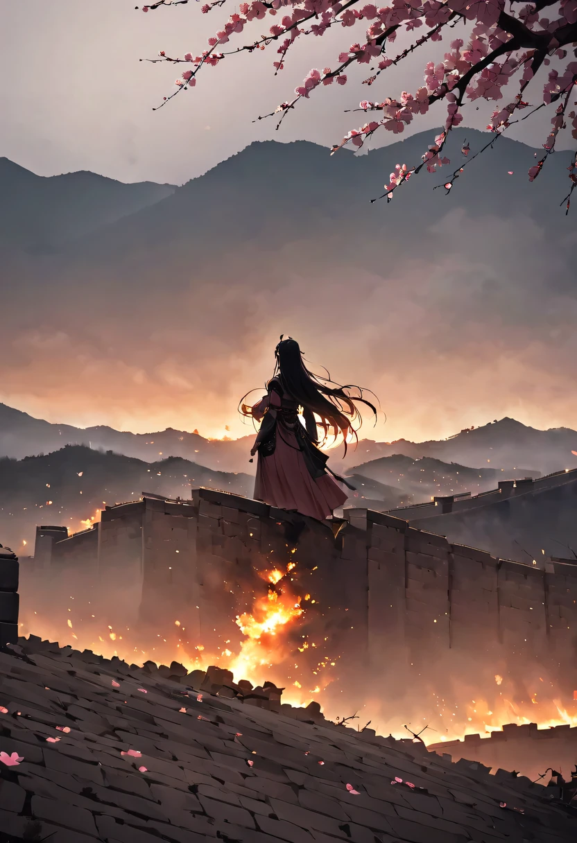 (Ten Miles of Enchanting Peach Blossoms:1.2)，The back of a woman with long hair reaching her waist stands under the peach blossom tree，firm eyes， Heqiang，She looked at the Great Wall in the distance, filled with smoke.，The flames burst into the sky，China，Ancient，ink，