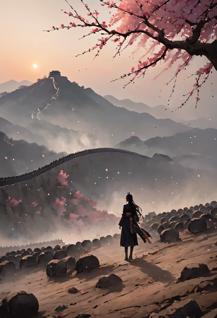 (Ten Miles of Enchanting Peach Blossoms:1.2)，The back of a woman with long hair reaching her waist stands under the peach blossom tree，firm eyes， Heqiang，She looked at the Great Wall in the distance, filled with smoke.，The flames burst into the sky，China，Ancient，ink，