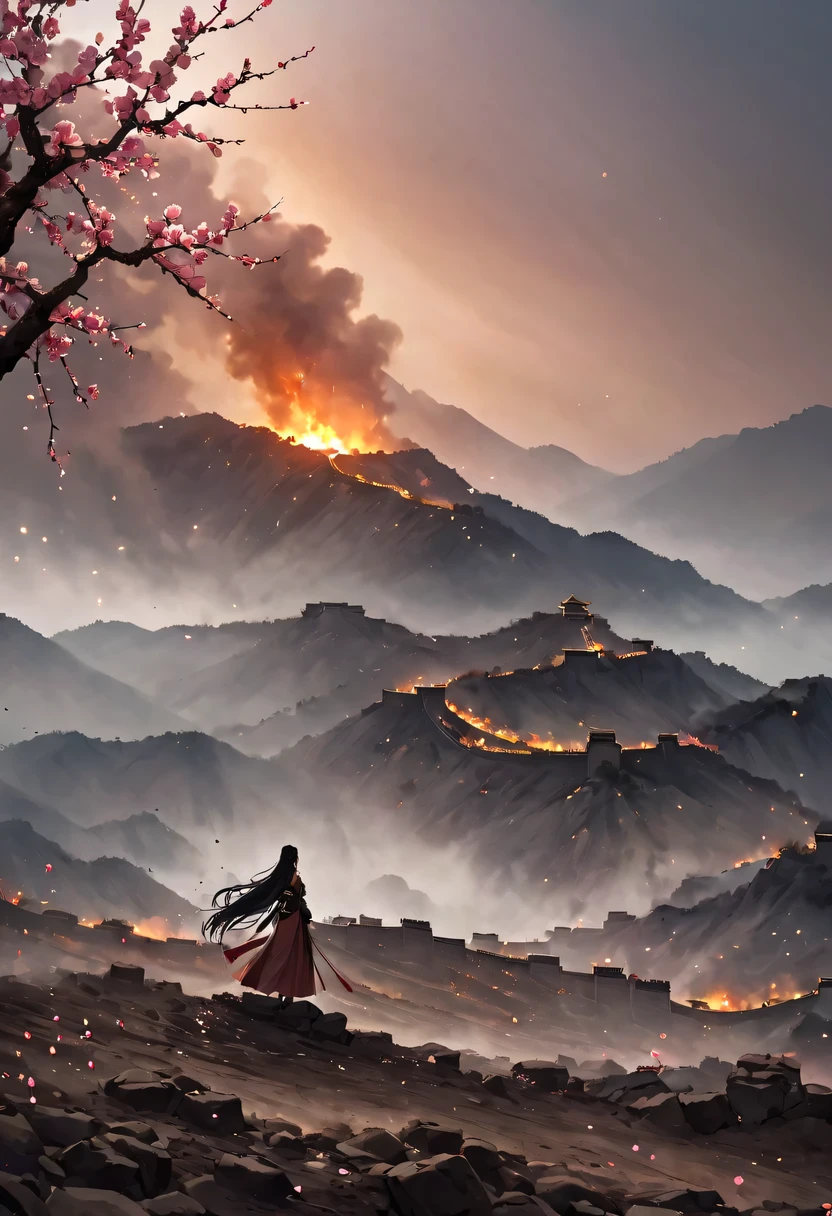 (Ten Miles of Enchanting Peach Blossoms:1.2)，The back of a woman with long hair reaching her waist stands under the peach blossom tree，firm eyes， Heqiang，She looked at the Great Wall in the distance, filled with smoke.，The flames burst into the sky，China，Ancient，ink，