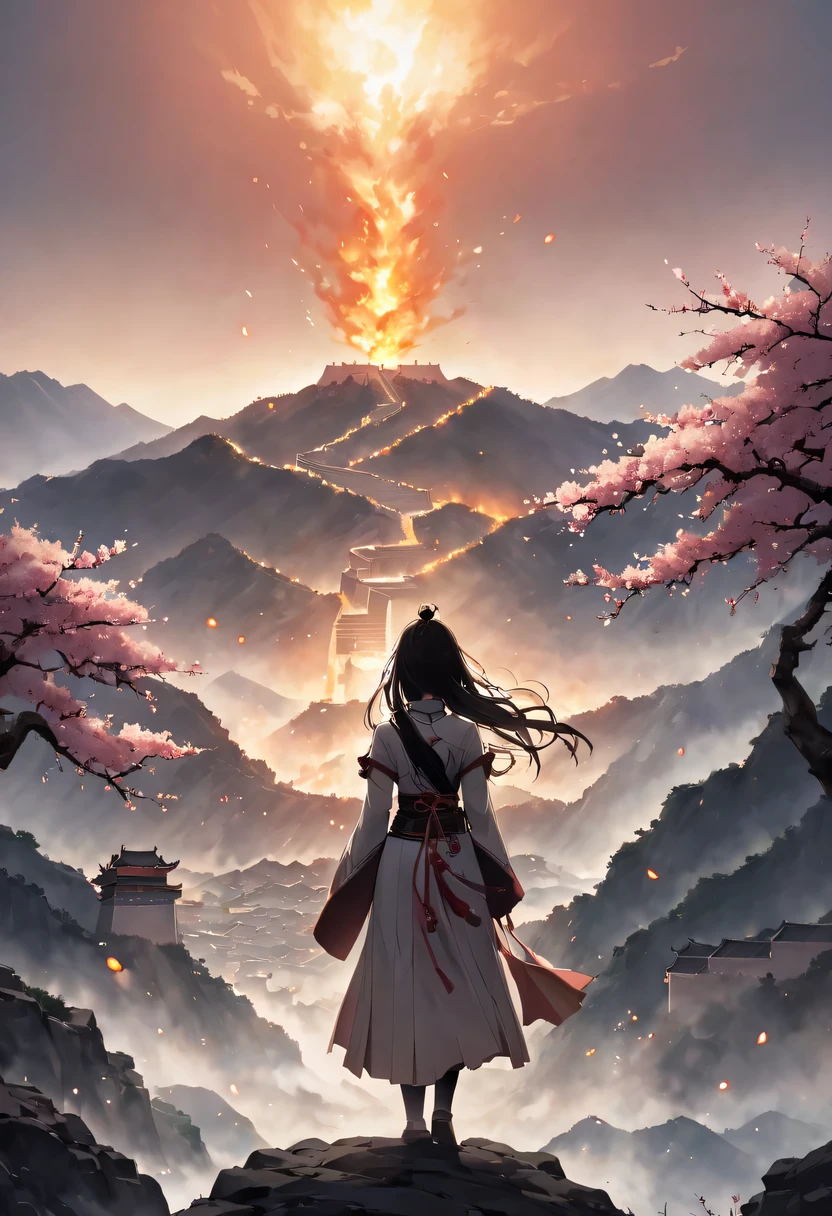 (Ten Miles of Enchanting Peach Blossoms:1.2)，The back of a woman with long hair reaching her waist stands under the peach blossom tree，firm eyes， Heqiang，She looked at the Great Wall in the distance, filled with smoke.，The flames burst into the sky，China，Ancient，ink，