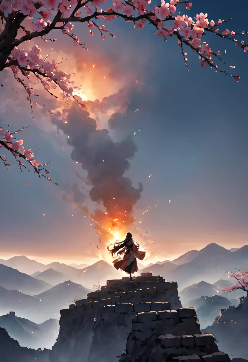 (Ten Miles of Enchanting Peach Blossoms:1.2)，The back of a woman with long hair reaching her waist stands under the peach blossom tree，firm eyes， Heqiang，She looked at the Great Wall in the distance, filled with smoke.，flint，blood stained sand，Iron can travel both vertically and horizontally，bodies scattered across the fields，China，Ancient，ink，