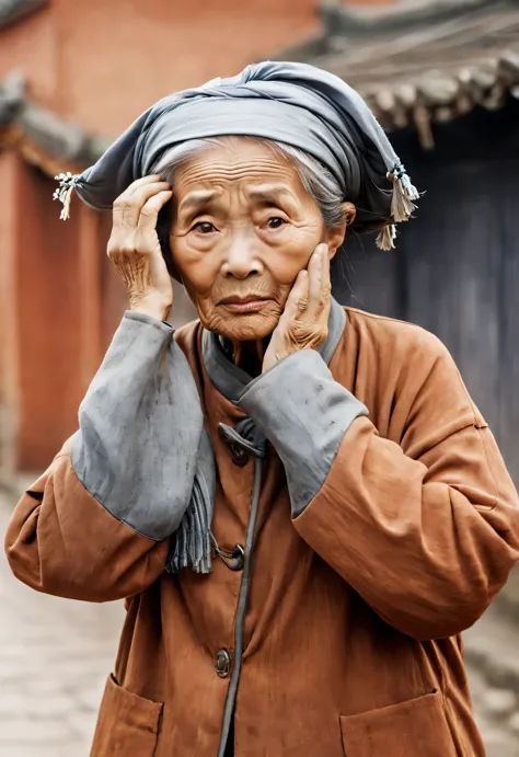 with terracotta warriors and horses art style, portrait，an old chinese woman raised a hand to cover her forehead, anxiously wait...