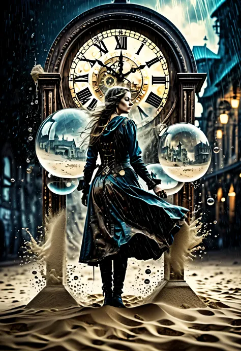 Double exposure of train station and medieval woman, Steampunk clock fused with sandy foam flow splash, Photorealistic illustration, On the palm of your hand, fantasy art, very dark atmosphere, Beautiful detail shine, waiting rain, crossstone layer, 