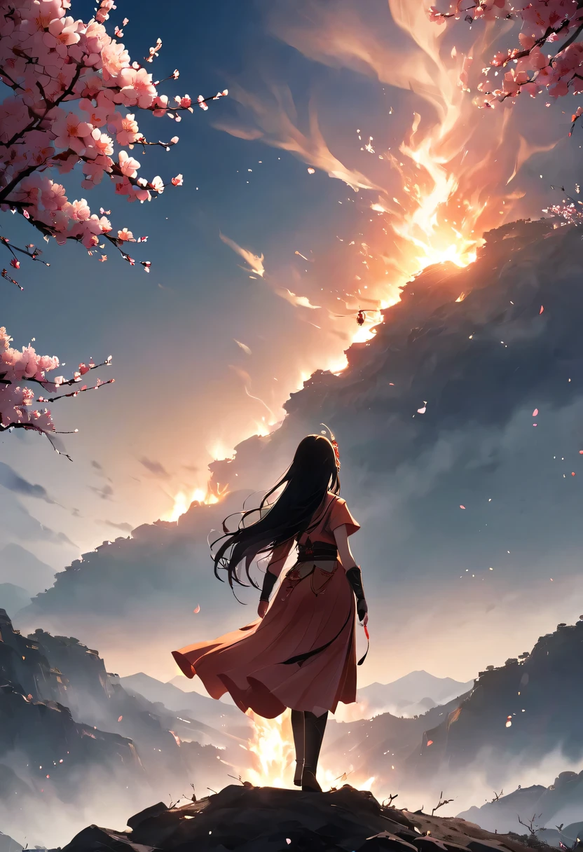 (Ten Miles of Enchanting Peach Blossoms:1.2)，The back of a woman with long hair reaching her waist stands under the peach blossom tree，firm eyes， Heqiang，She looked at the battlefield in the distance, filled with smoke.，China，Ancient，ink，
