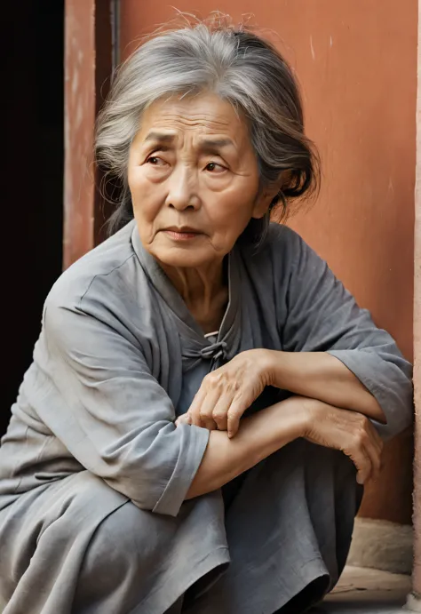 With terracotta warriors and horses art style, portrait，( Chinese old woman sitting at the door anxiously waiting for her child ...