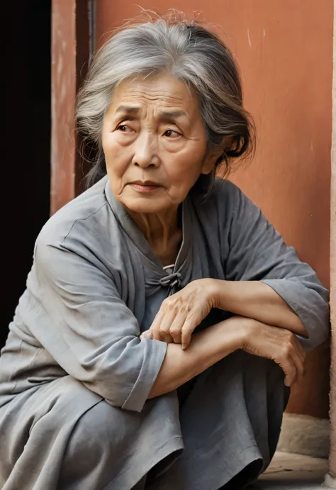 with terracotta warriors and horses art style, portrait，( chinese old woman sitting at the door anxiously waiting for her child ...