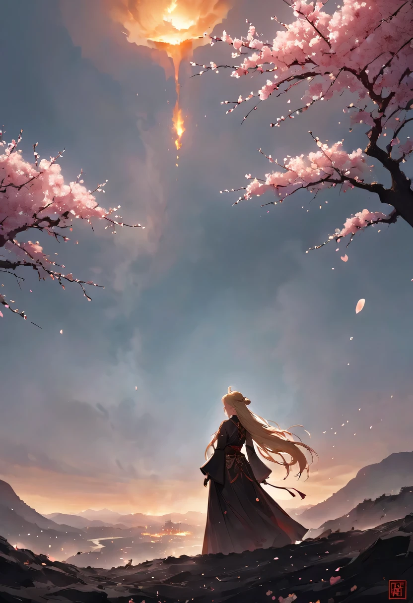 (Ten Miles of Enchanting Peach Blossoms:1.2)，The back of a woman with long hair reaching her waist stands under the peach blossom tree，firm eyes， Heqiang，She looked at the battlefield in the distance, filled with smoke.，The flames burst into the sky，China，Ancient，ink，